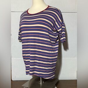 LuLaRoe ladies large oversized high low stripped top in red white & blue.